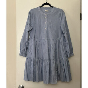 Reimagined By J Crew Popover Dress Womens M Blue White Striped Tiered Poplin